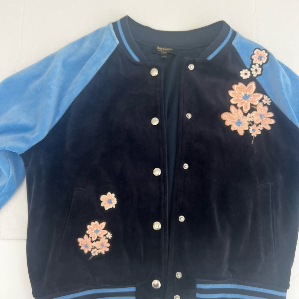 Juicy Couture Black Velvet Bomber Jacket with Light Blue Accents